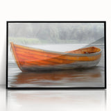 Large abstract wall art featuring a rowboat in muted gray and blue tones on a framed acrylic.