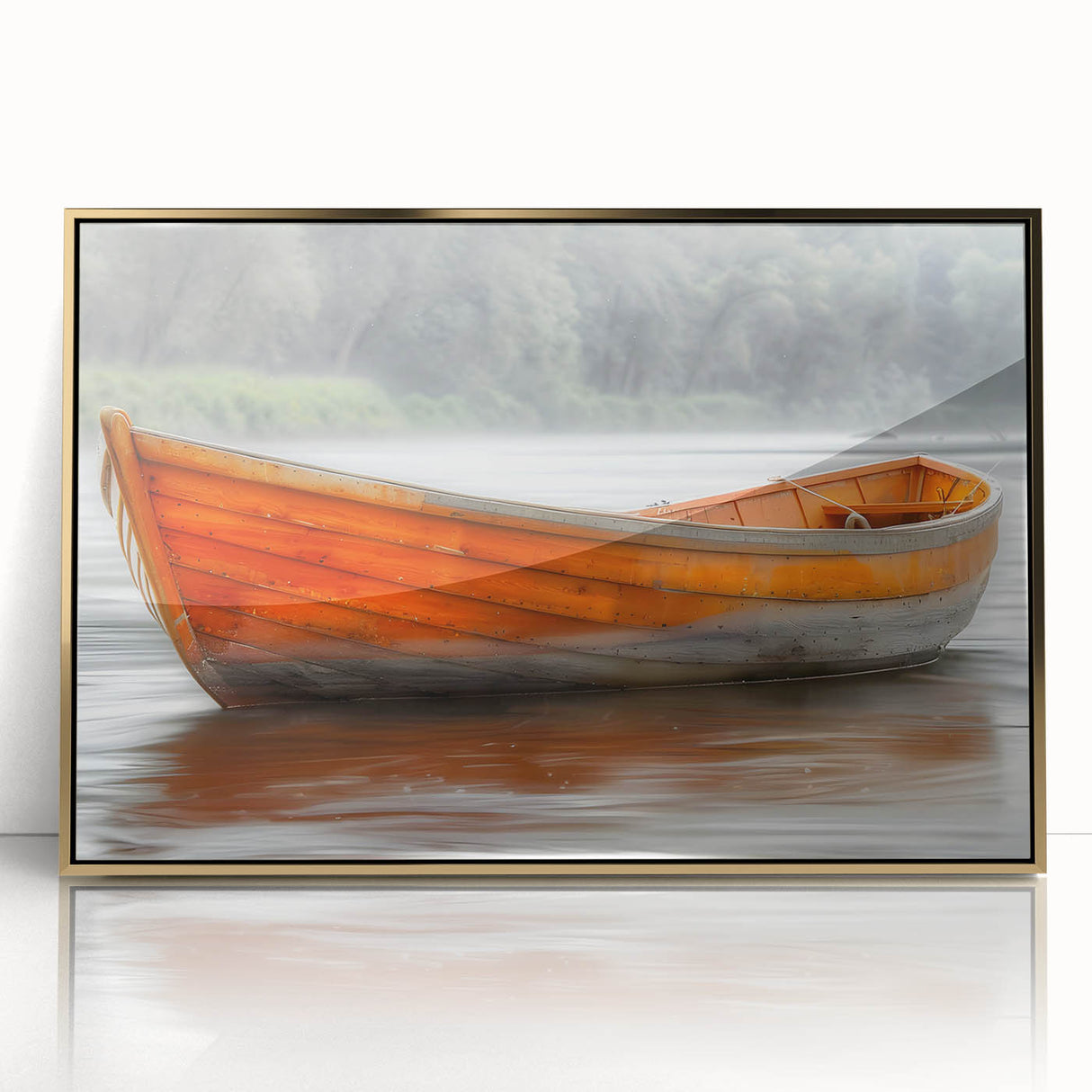 Mid-century modernist art of a rowboat on acrylic, with muted blue and gray tones, ideal for nursery wall art.