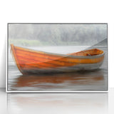 Mid-century modernist style rowboat on calm water, acrylic print in white frame, suited for nursery wall art.
