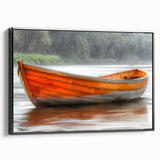 Black and white framed canvas featuring a vintage-style rowboat landscape, ideal for bedroom wall decor.