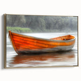 Framed canvas depicting a vintage-style landscape with a rowboat in black and gold tones, ideal for bedroom wall art.