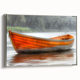 Vintage poster art of a rowboat on water, framed canvas in silver, featuring a black and colorful palette.
