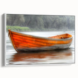 Framed canvas depicting a vintage rowboat on a tranquil lake, rendered in muted black and colorful hues.