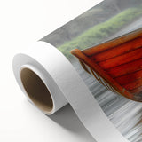 Art deco poster of a rowboat on calm waters, in soft blue and gray tones on rolled canvas, ideal for nursery wall art.