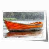 Rolled print of a rowboat on calm waters in muted blue and gray tones, ideal for dining room wall art.