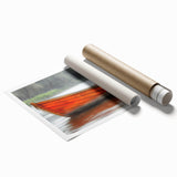 Rowboat on a calm lake depicted in soft gray and blue tones on a large rolled canvas print, ideal for bathroom wall decor.