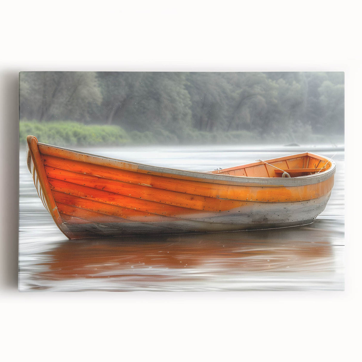 Black and white photo of a rowboat on water, printed on large stretched canvas, ideal for kitchen wall art.