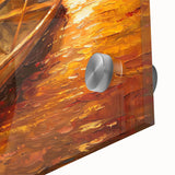 Large acrylic print of an abstract rowboat in muted blue and gray tones.