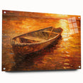 Acrylic print of a side view of a rowboat, in earthy tones, suitable for bedroom or dining room decor.
