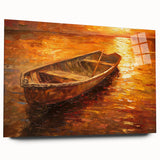 Acrylic print of a side view of a rowboat in muted blues and grays, suitable for bedroom or dining room decor.