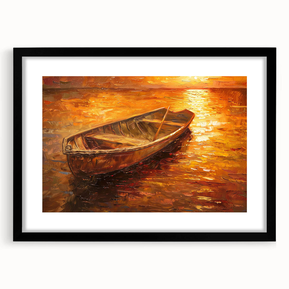 Abstract art print featuring a colorful, textured depiction of rowboats, ideal for extra large wall art in a living room.