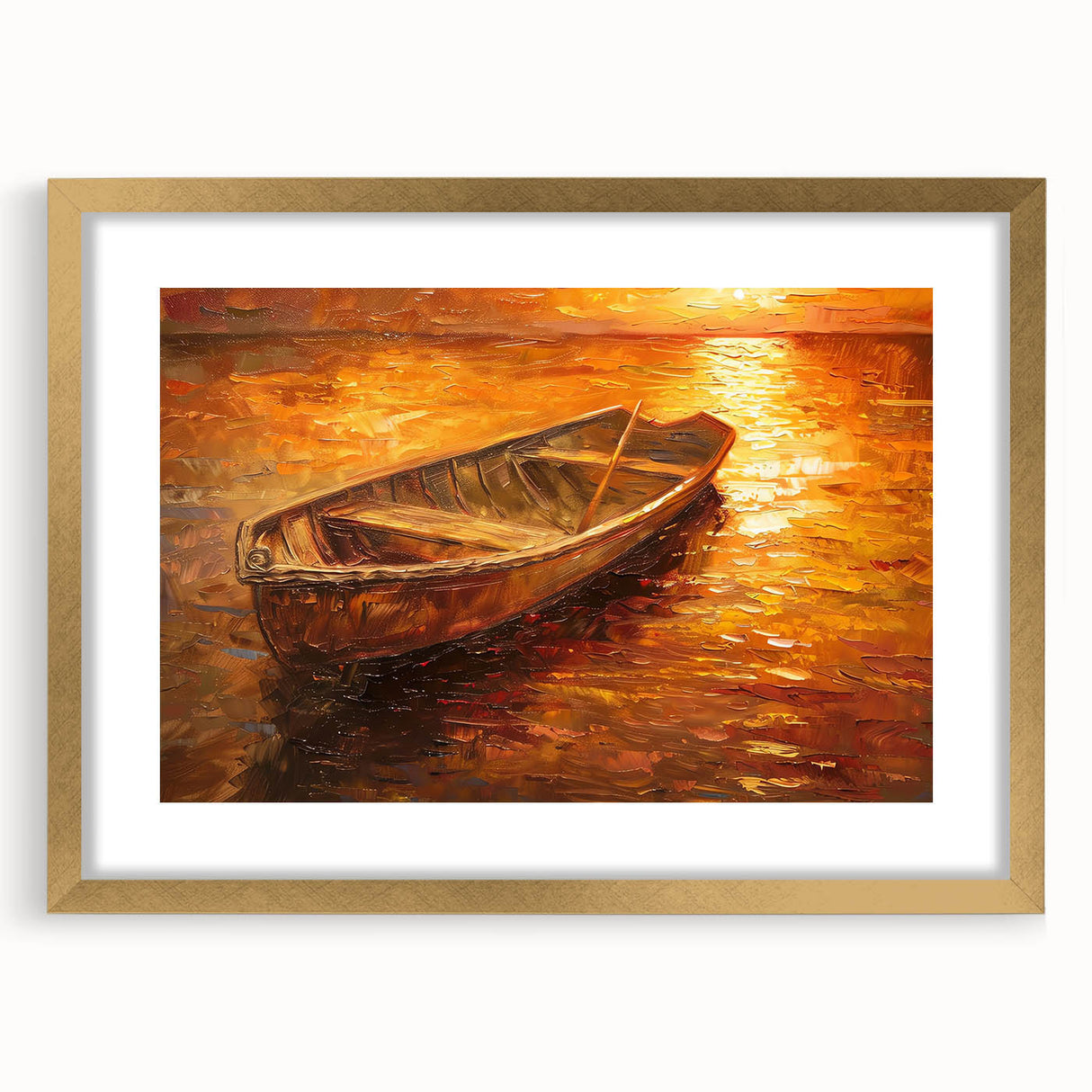 Textured art of an abstract rowboat in muted blue and gray tones on a gold-framed canvas, suitable for bedroom art.