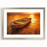 Abstract art print of a rowboat in muted blue and gray, framed in silver, suitable for bedroom or dining room decor.