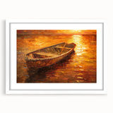 Extra large abstract art print depicting a rowboat, in muted blue and gray tones on a white framed canvas.