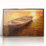 Mid-century modernist acrylic print of a rowboat in muted blues and grays, framed in gold, suitable for nursery wall art.