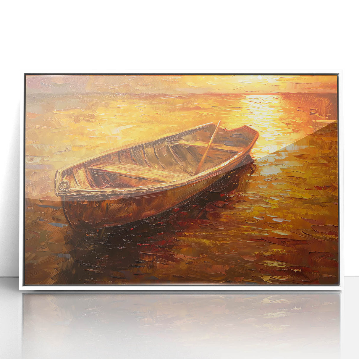 Mid-century modernist style rowboat on calm waters, presented in a white framed acrylic, suitable for modern art wall decor.