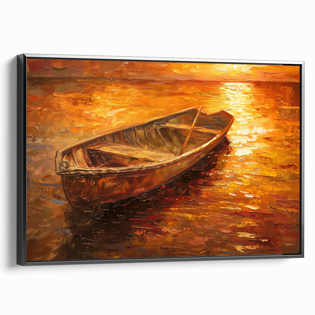 Black and white framed canvas featuring a vintage rowboat on a tranquil lake, ideal for bedroom wall decor.