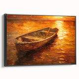 Black and white framed canvas featuring a vintage rowboat on a tranquil lake, ideal for bedroom wall decor.