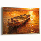 Framed canvas landscape art painting featuring a vintage rowboat in black with colorful accents, ideal for office or study.