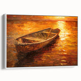 Framed canvas featuring a vintage-style rowboat landscape in black and white, ideal for bedroom wall art.