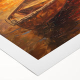 Art deco poster of a rowboat on water, in muted blue and gray tones on rolled canvas, suitable for dining room wall art.