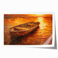 Rolled print of a rowboat on serene waters in muted earth tones, suitable for art wall dining room.