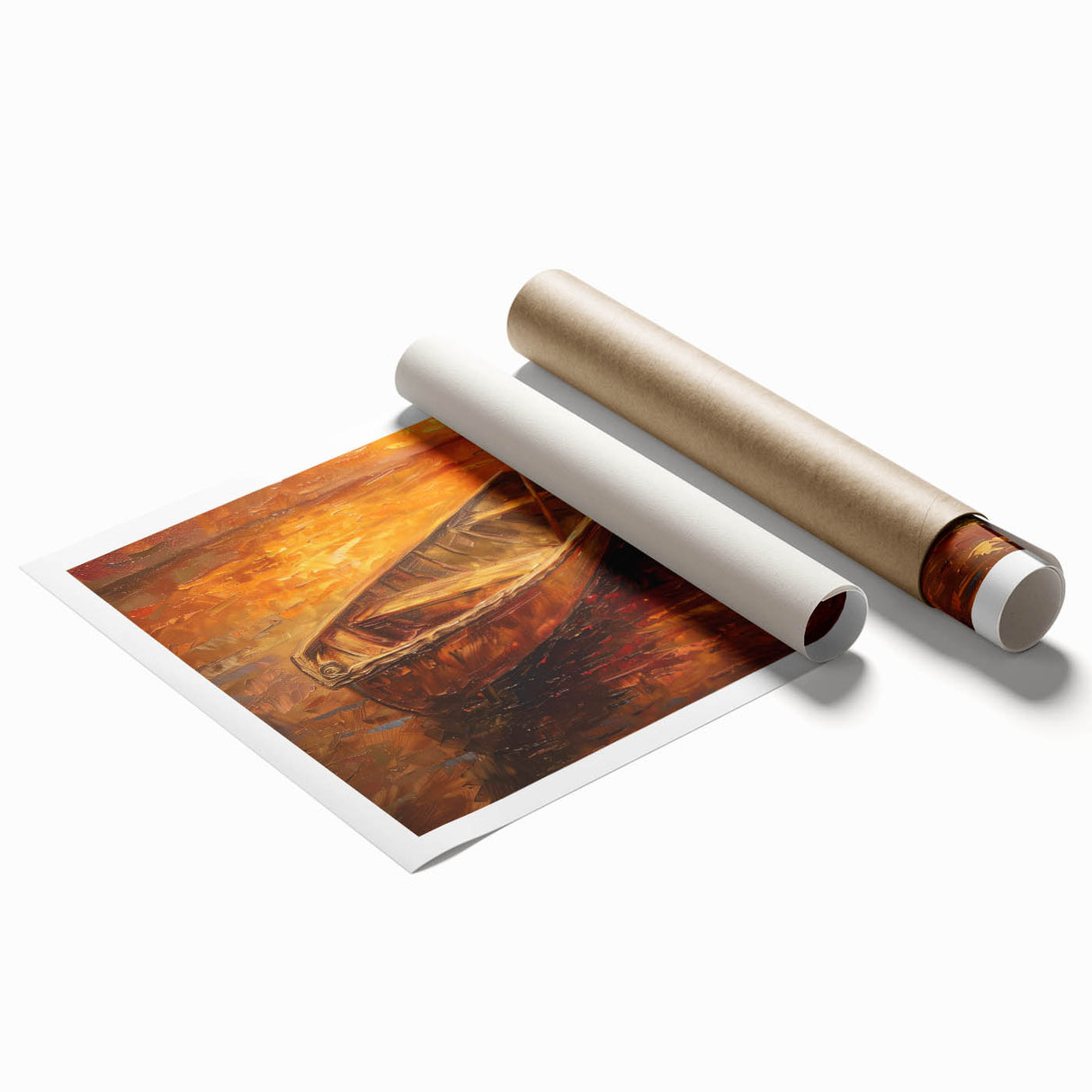 Rowboat on calm water, subtle gray and blue tones, rolled canvas print, ideal for classy bathroom wall art.