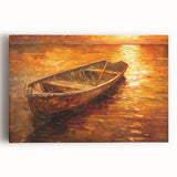 Black and white photograph of a rowboat on water, printed on large stretched canvas, suitable for kitchen wall art.
