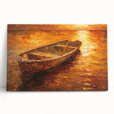 Black and white photo of a rowboat on water, printed on large stretched canvas, ideal for kitchen wall art.