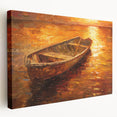 Rowboat on calm water, depicted in soft blue and gray tones on a large stretched canvas, suitable for kitchen wall art.