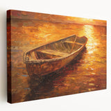 Rowboat on calm water, depicted in soft blue and gray tones on a large stretched canvas, suitable for kitchen wall art.