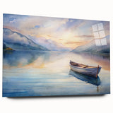 Acrylic print of a side-view rowboat in muted blue and gray tones, suitable for bedroom or dining room decor.