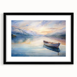 Abstract art print of a colorful rowboat in vibrant hues on textured canvas, framed in black, ideal for living room decor.