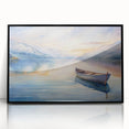 Large abstract wall art featuring a rowboat, rendered in mid-century modernist style on black framed acrylic.
