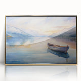 Mid-century modernist art depicting a rowboat on calm waters, framed in gold acrylic, suitable for nursery wall art.