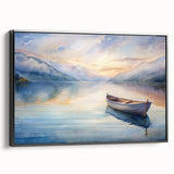 Black and white framed canvas of a vintage rowboat, ideal for bedroom wall art with a serene landscape theme.