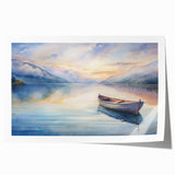 Rolled print of a rowboat on calm water in soft blue and gray tones, suitable for dining room or bathroom wall art.