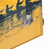 Close-up of a mid-century modernist rowboat in muted blue tones on acrylic glass, ideal for dining room art.