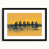 A vibrant abstract print of rowboats on water in bold colors on textured canvas, framed in black.