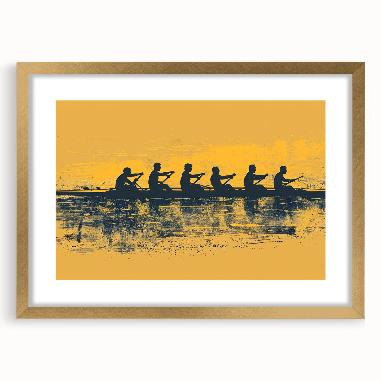 Textured art print of an abstract rowboat in muted blue and gray on a framed gold mat, ideal for bedroom wall decor.