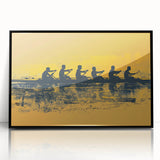 Framed acrylic print featuring a large abstract depiction of rowboats, using muted earth tones.