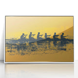 Framed acrylic print of a rowboat on calm waters, in muted blue and gray tones, suitable for modern art wall decor.