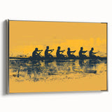 Vintage poster art of a rowboat in muted gray and black on a framed canvas, ideal for living room decor.