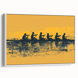 Framed canvas featuring a vintage poster art style landscape with a black rowboat, ideal for bedroom wall decor.