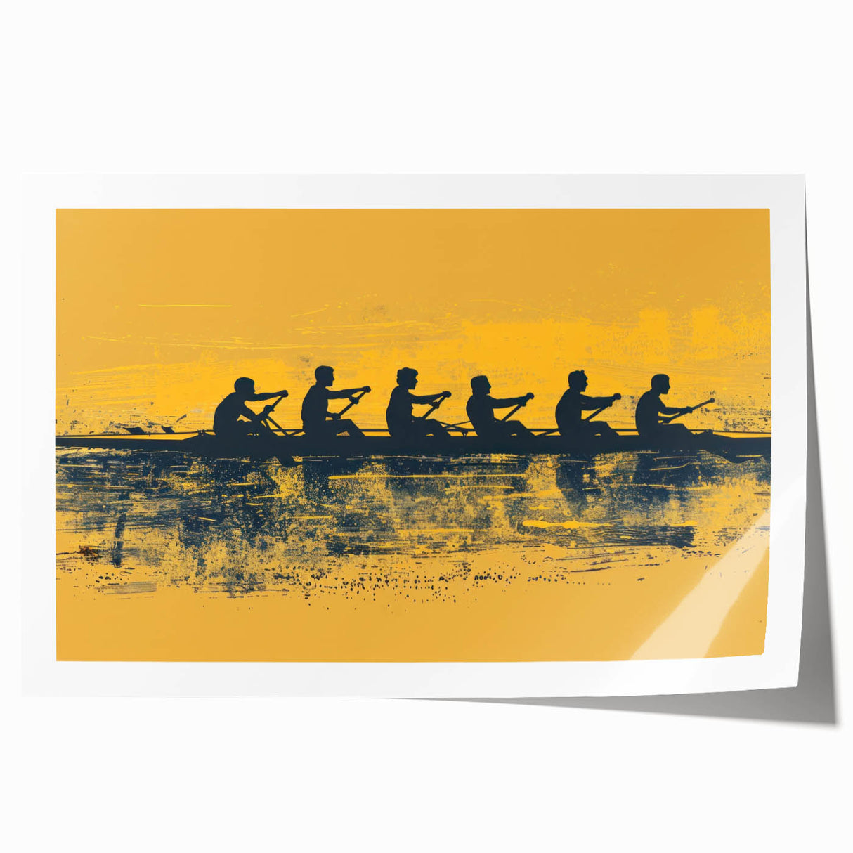 Rowboat on serene lake in muted blue and gray tones, extra large rolled print, ideal for dining room wall art.