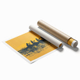 Extra large rolled print of a rowboat on calm water, subtle gray and blue tones, suitable for classy bathroom wall art.