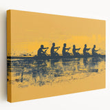 Side view of a rowboat on stretched canvas in muted blue and gray tones, suitable for kitchen wall art.