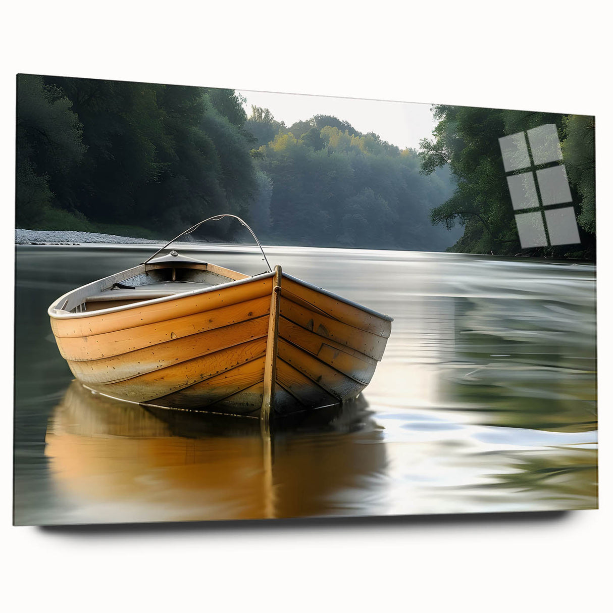 Acrylic print of a side-view rowboat in muted earth tones, suitable for bedroom or dining room decor.