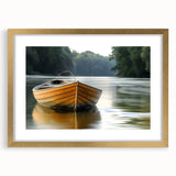 Textured art print of an abstract rowboat in muted blues and grays on a gold-framed canvas, ideal for bedroom art.