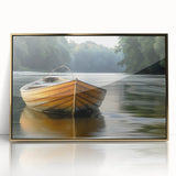 Mid-century modernist art depicting a rowboat in muted earth tones on a framed acrylic, ideal for nursery wall decor.